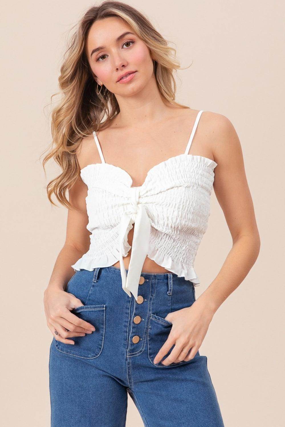 BiBi Ruffled Smocked Ribbon Detail Cami for Women