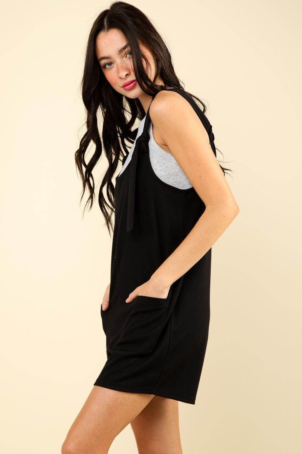 Very J Tie Shoulder Front Pocket Romper for Women