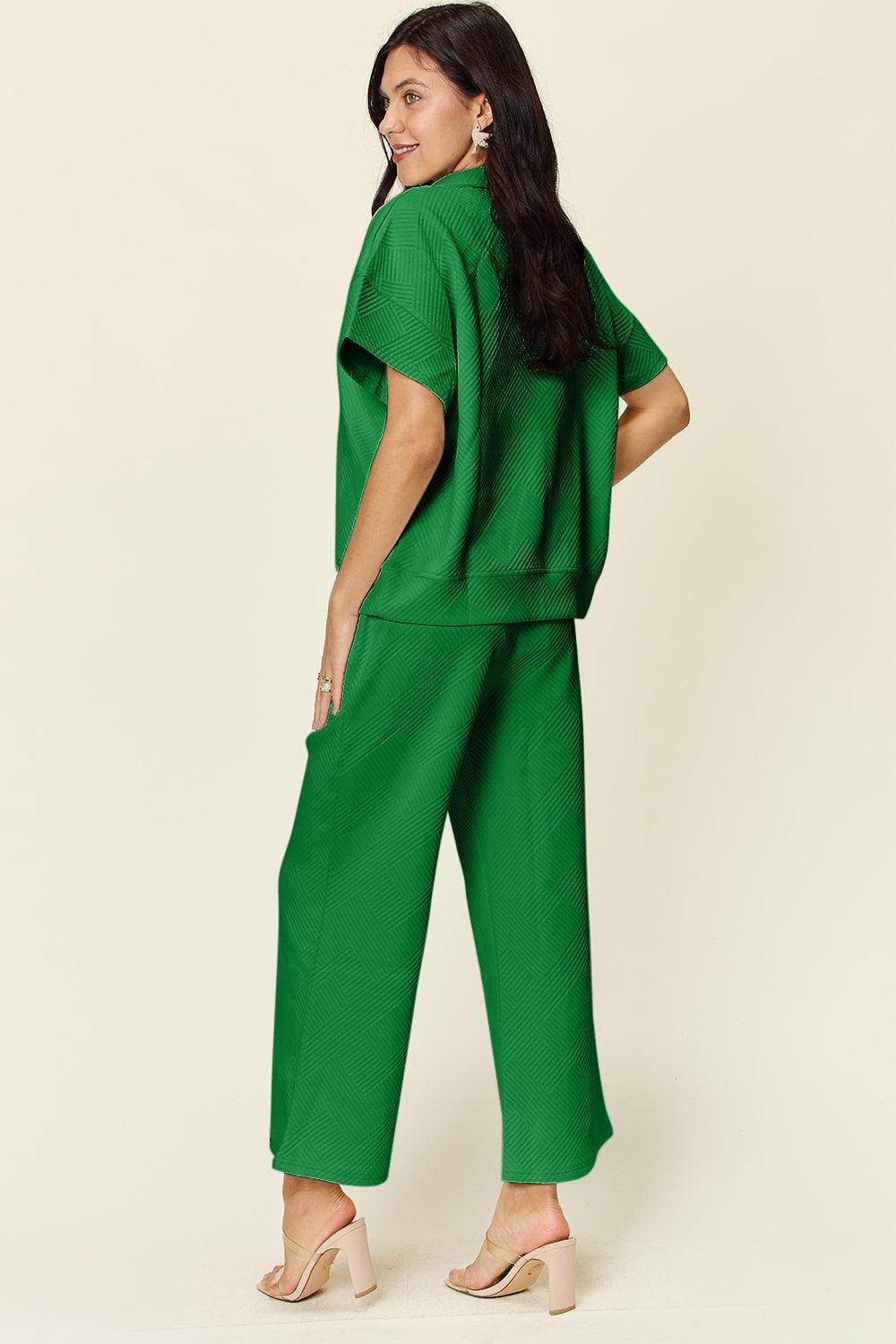 Double Take Full Size Texture Half Zip Short Sleeve Top Set