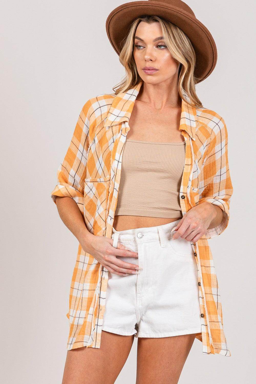 SAGE + FIG Plaid Button Up Side Slit Shirt for Women
