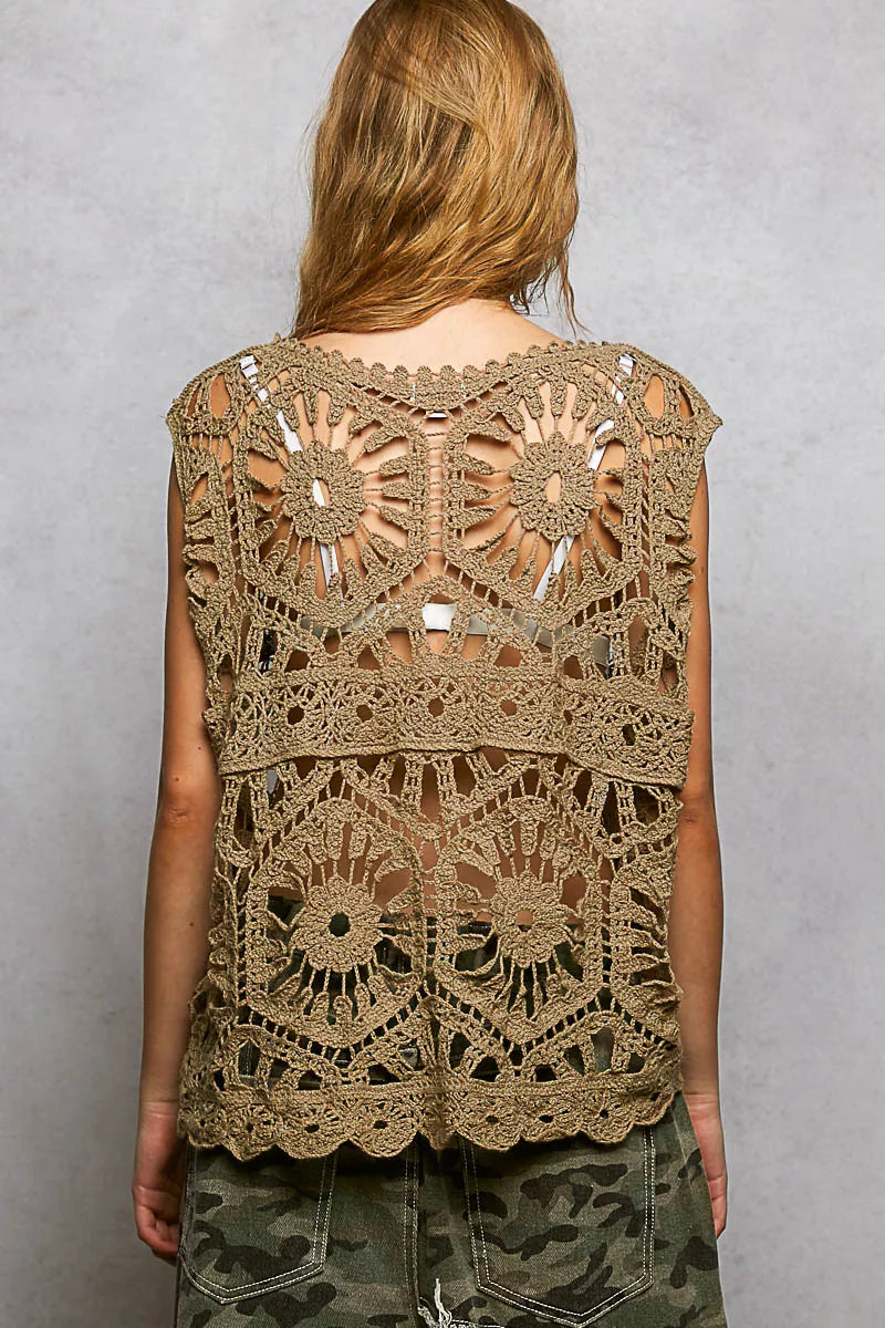 POL Openwork Round Neck Floral Crochet Tank