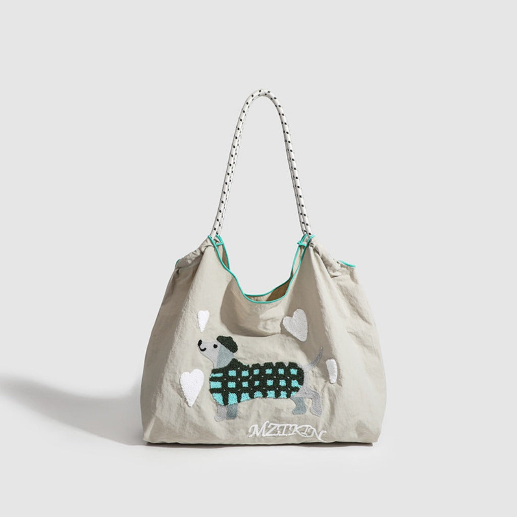 Large Capacity hobo bag with Embroidered Dog pattern, Shoulder bag Nylon, Shoulder shoulder Bag, Commuter hobo Bag Female