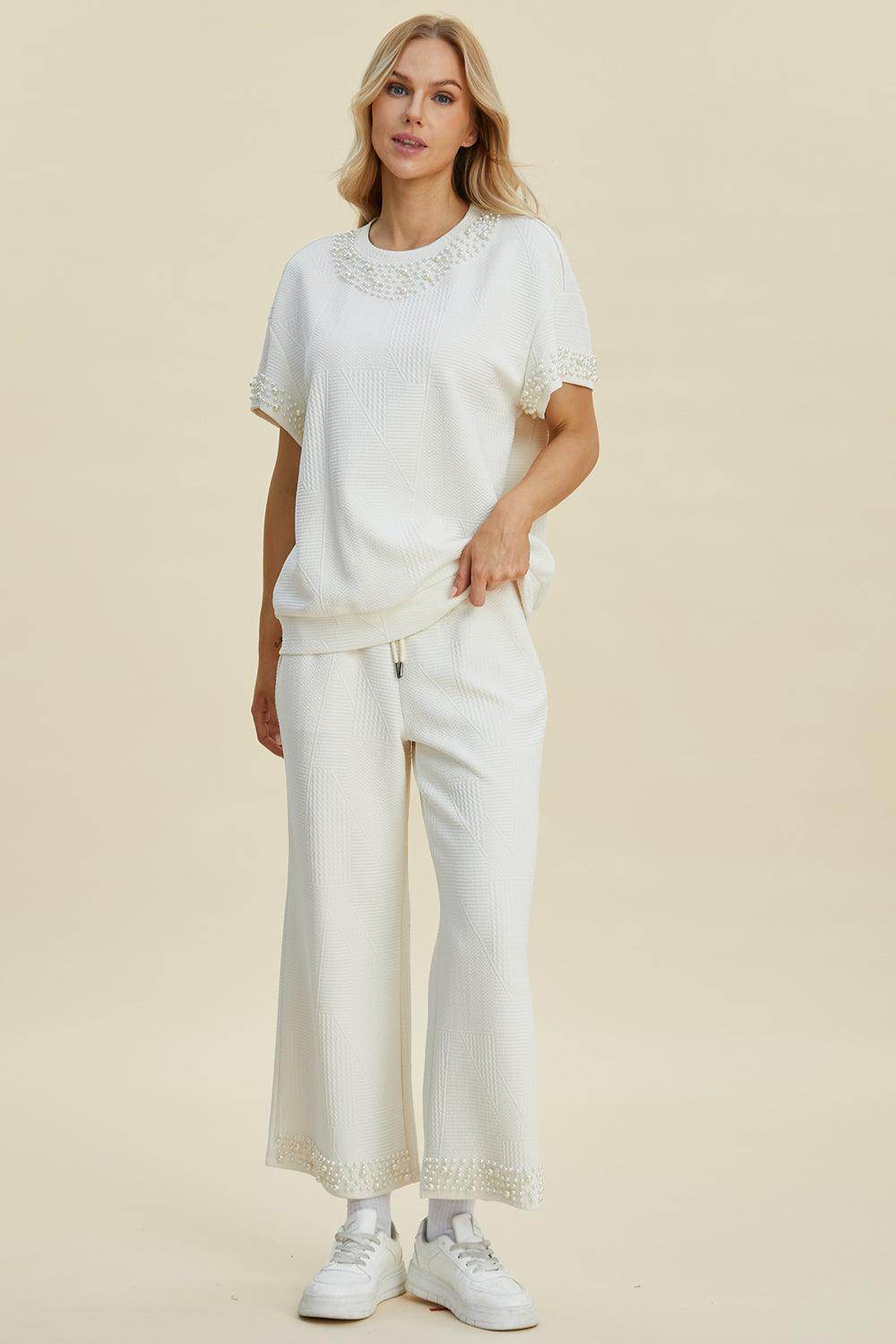 Double Take Full Size Pearl Detail Round Neck Top Pants Set