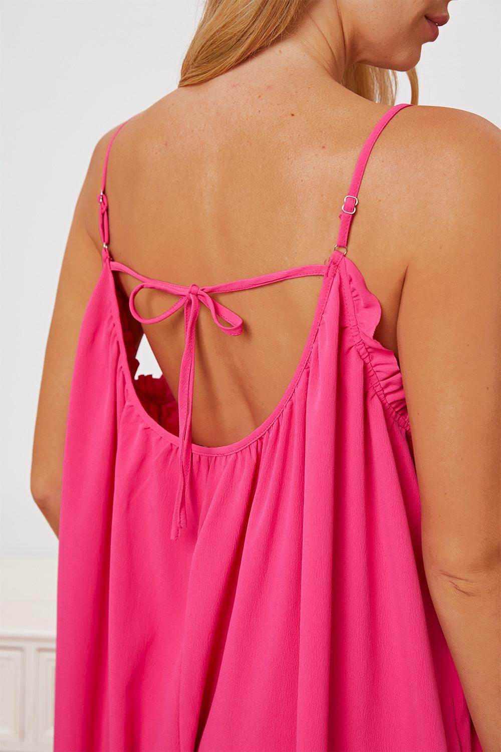 Double Take Full Size Ruffle Trim Tie Back Cami Jumpsuit