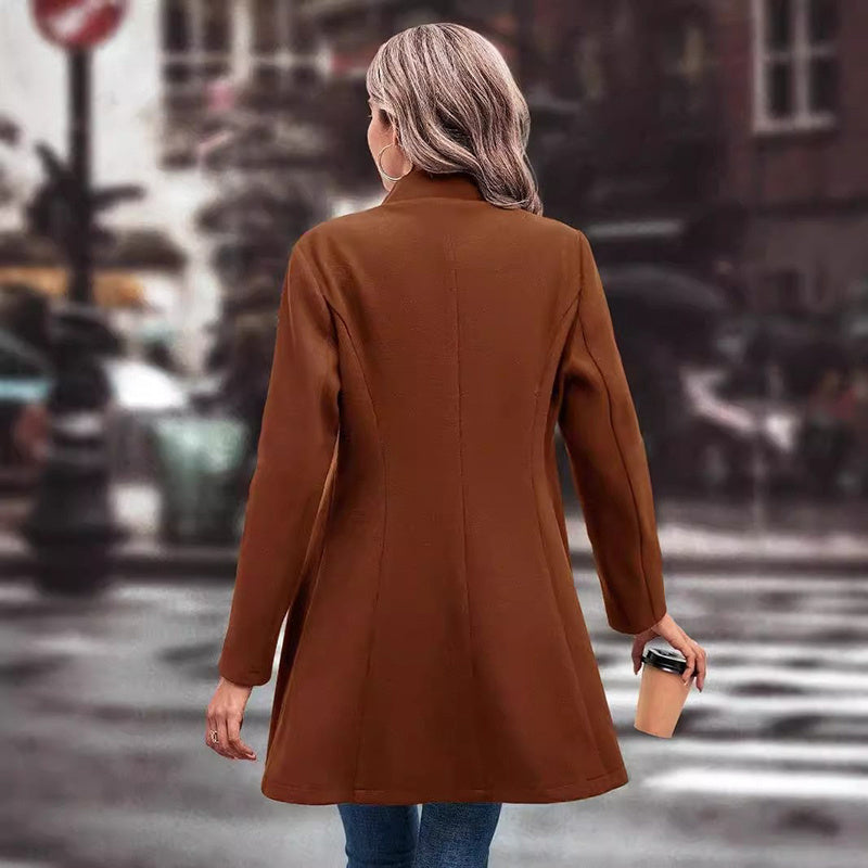 Women’s Winter Overcoat — Lapel Collar, Single-Breasted, Long Pea Coat