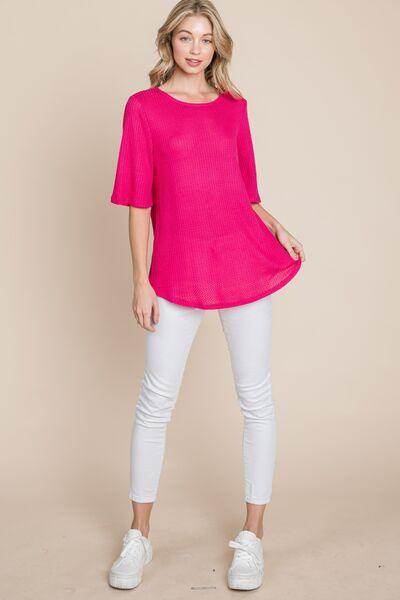 BOMBOM Round Neck Waffle Knit T-Shirt for Cozy Comfort