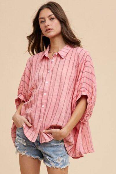Annie Wear Striped Button Up Half Sleeve Shirt for Women