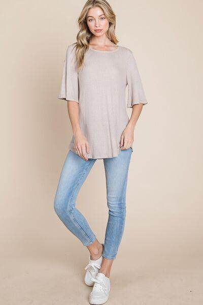 BOMBOM Round Neck Waffle Knit T-Shirt for Effortless Style