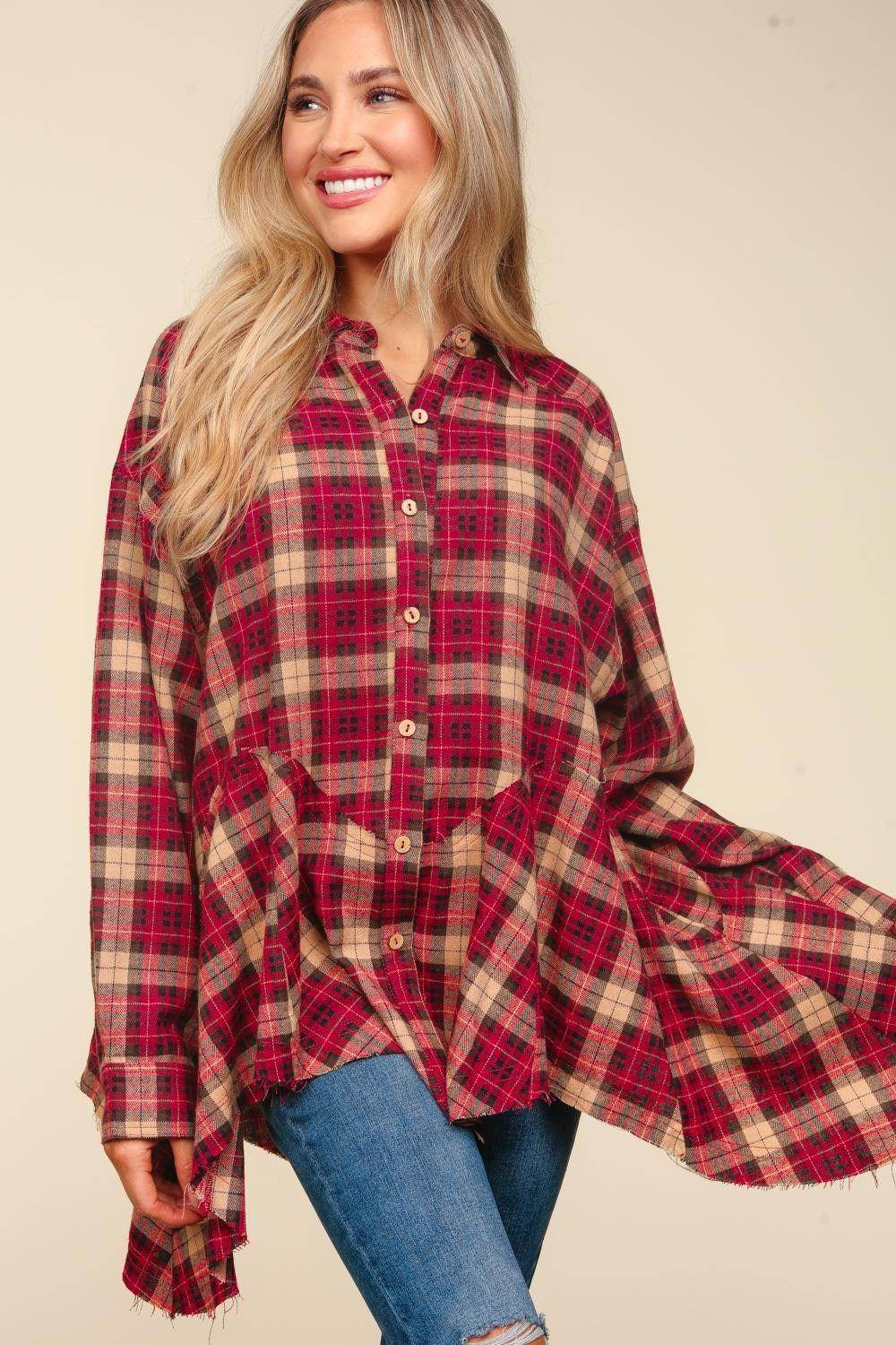 Haptics Plaid Button Down Sharkbite Shirt for Stylish Outfits