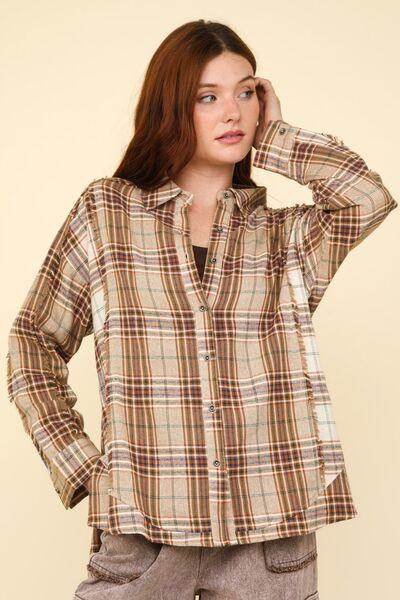 Very J Contrast Plaid Raw Detail Shirt for Casual Chic