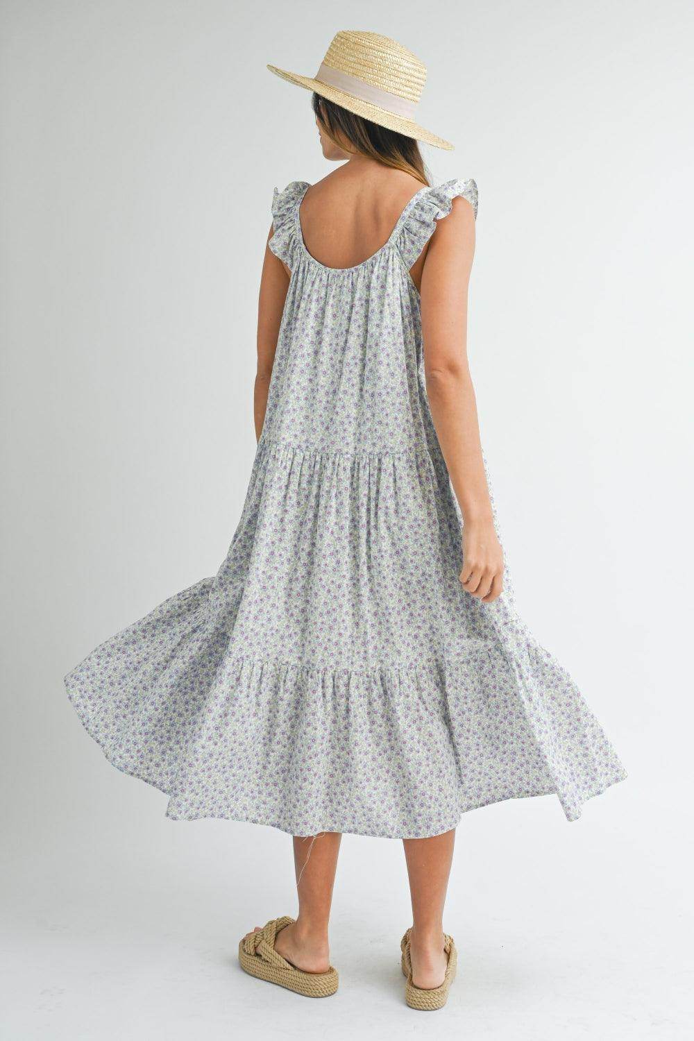 MABLE Floral Ruffle Shoulder Tiered Midi Dress for Women