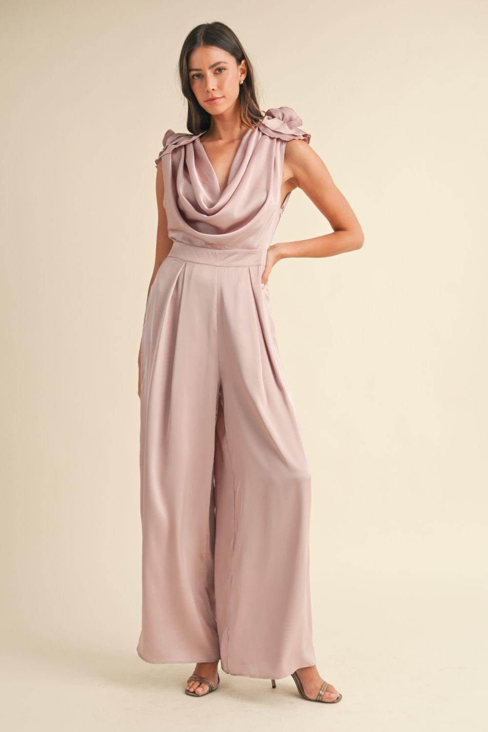 MABLE 3D Floral Applique Deep Cowl Neck Jumpsuit Elegance