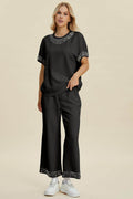 Double Take Full Size Pearl Detail Round Neck Top Pants Set