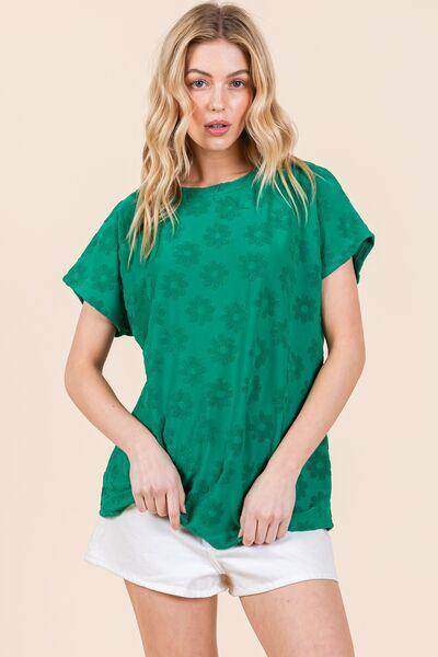 BOMBOM Textured Floral Pattern Short Sleeve T-Shirt for Women