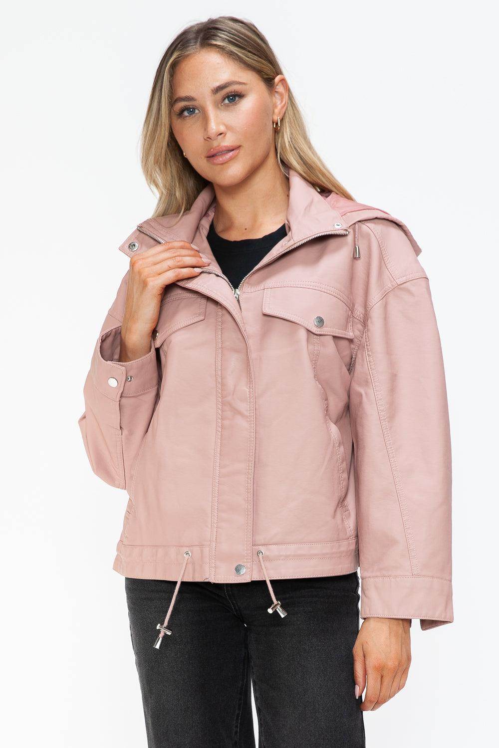 How Dare U Drawstring Hem PU Leather Zip Up Jacket for Women