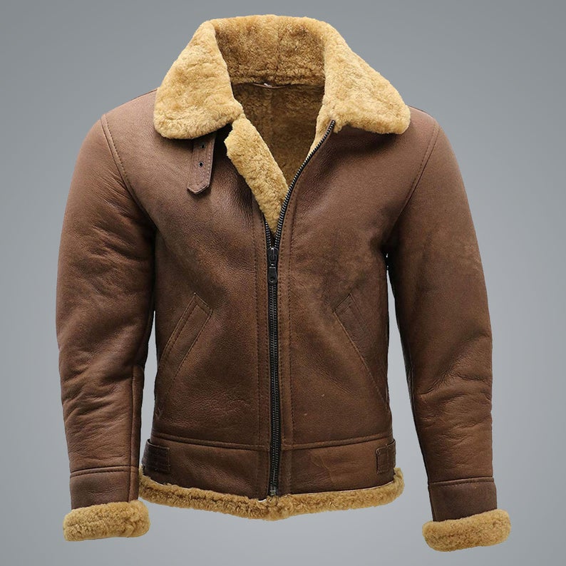 Men’s Brown B3 Shearling Sheepskin WW2 Bomber Leather Flying Aviator Jacket