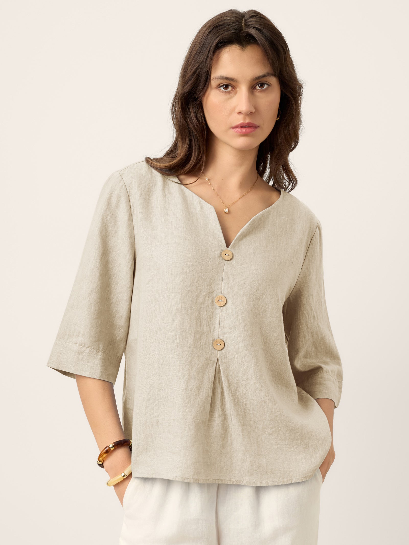 100% Linen Split Neck Inverted Pleat Top TABITHA