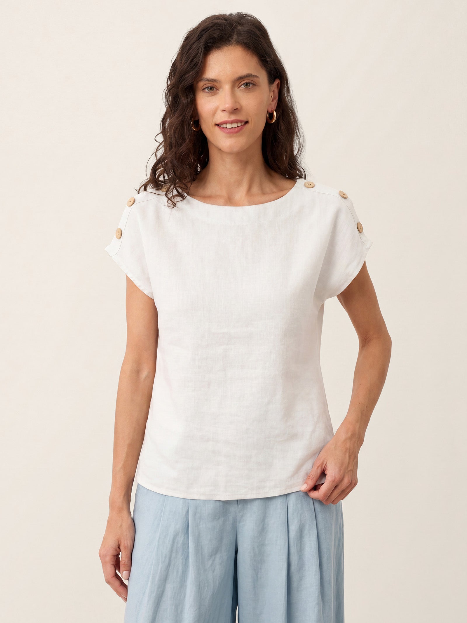 100% Linen Round Neck Button Detail Top ISABELLE