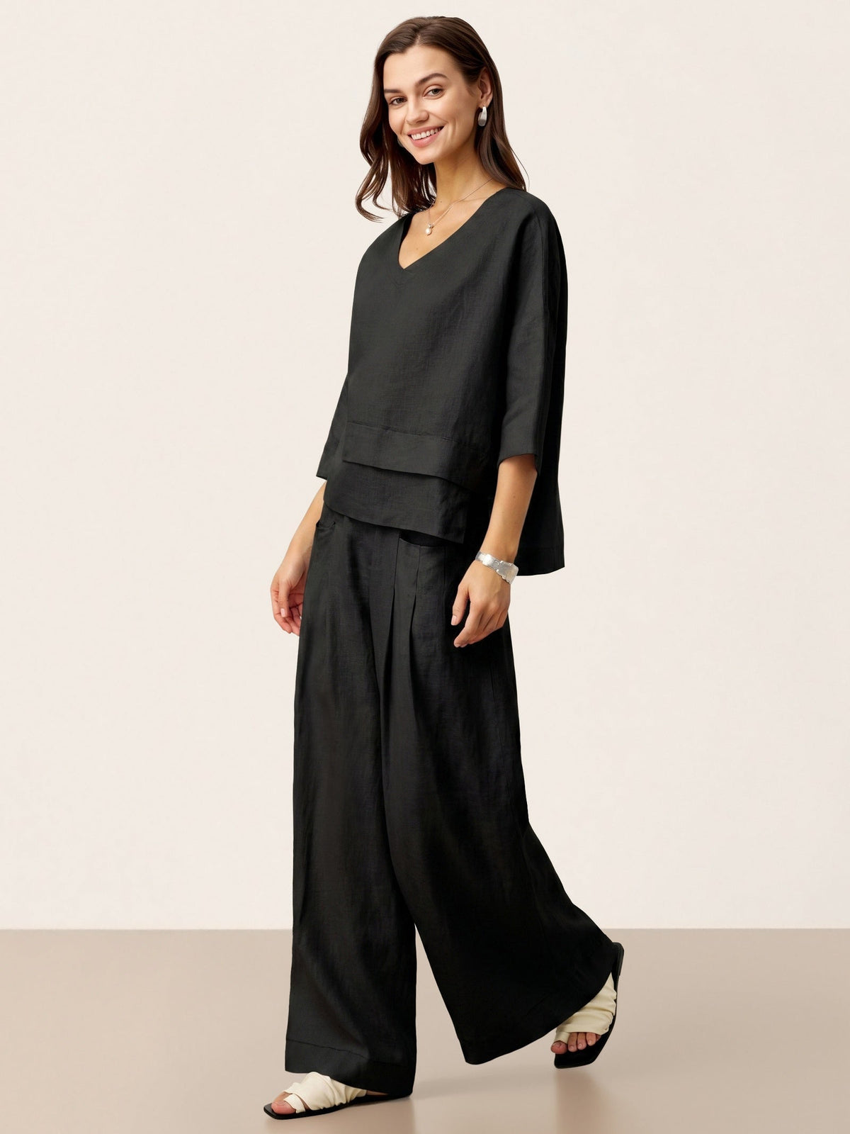 100% Linen Sculpted Pleat Elasticated Back Relaxed Pants VERIDIANA
