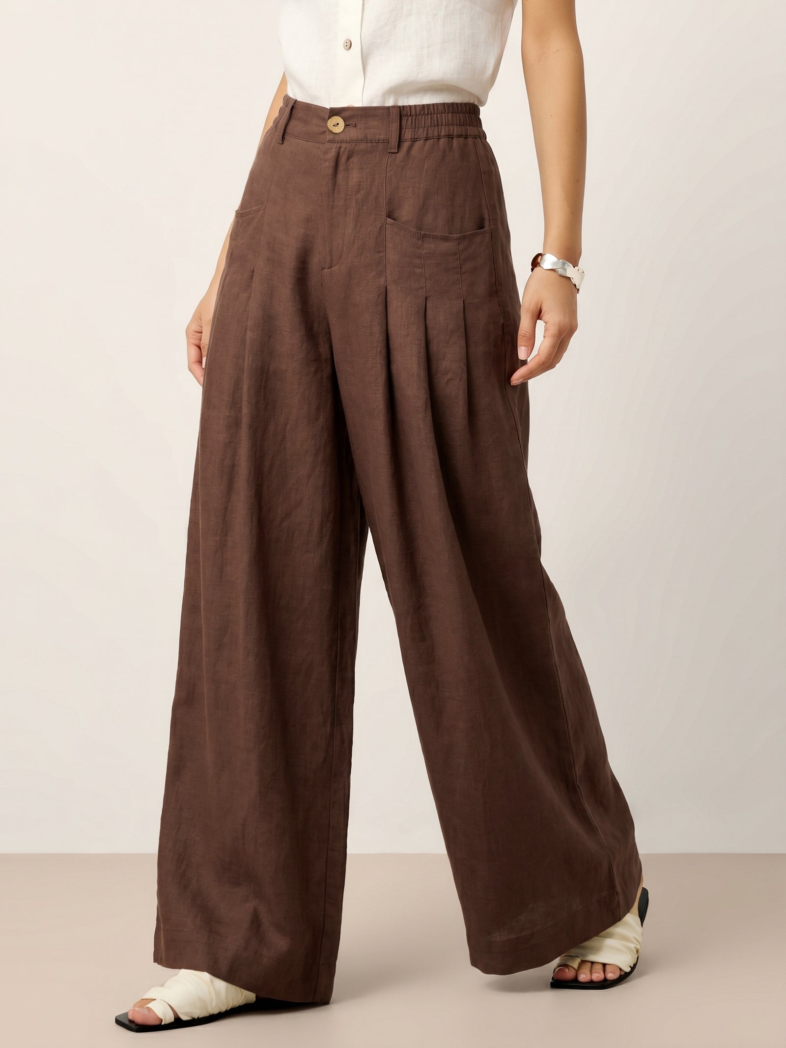 100% Linen Sculpted Pleat Elasticated Back Relaxed Pants VERIDIANA
