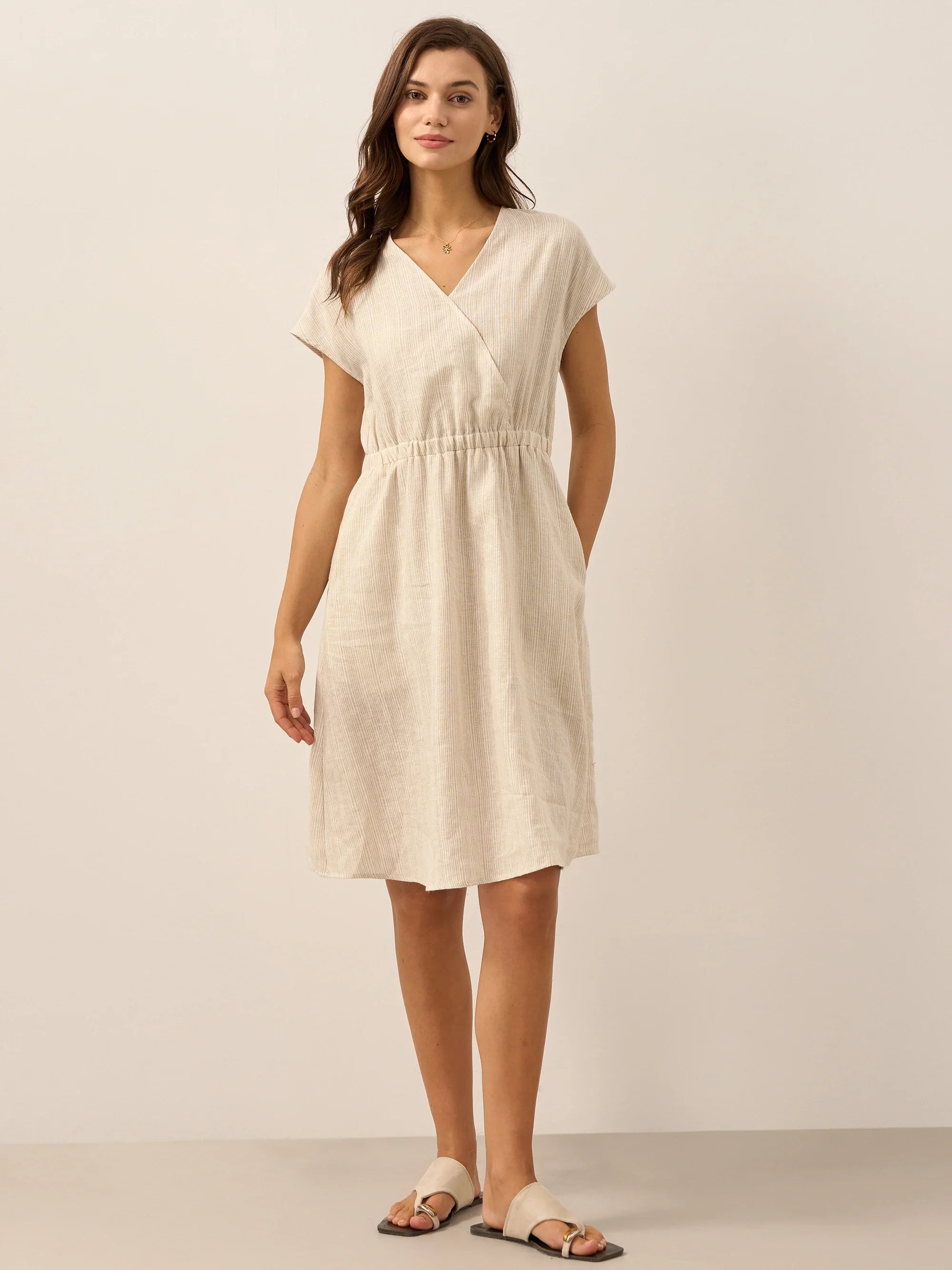 100% Linen Striped Elastic-Waist Mini Dress ARIA