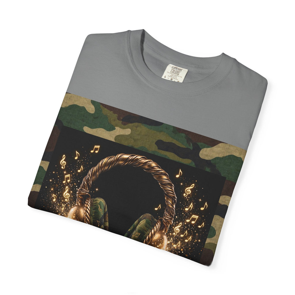 Camo Headphones Tee — Gold Spark DJ Music Graphic T-Shirt