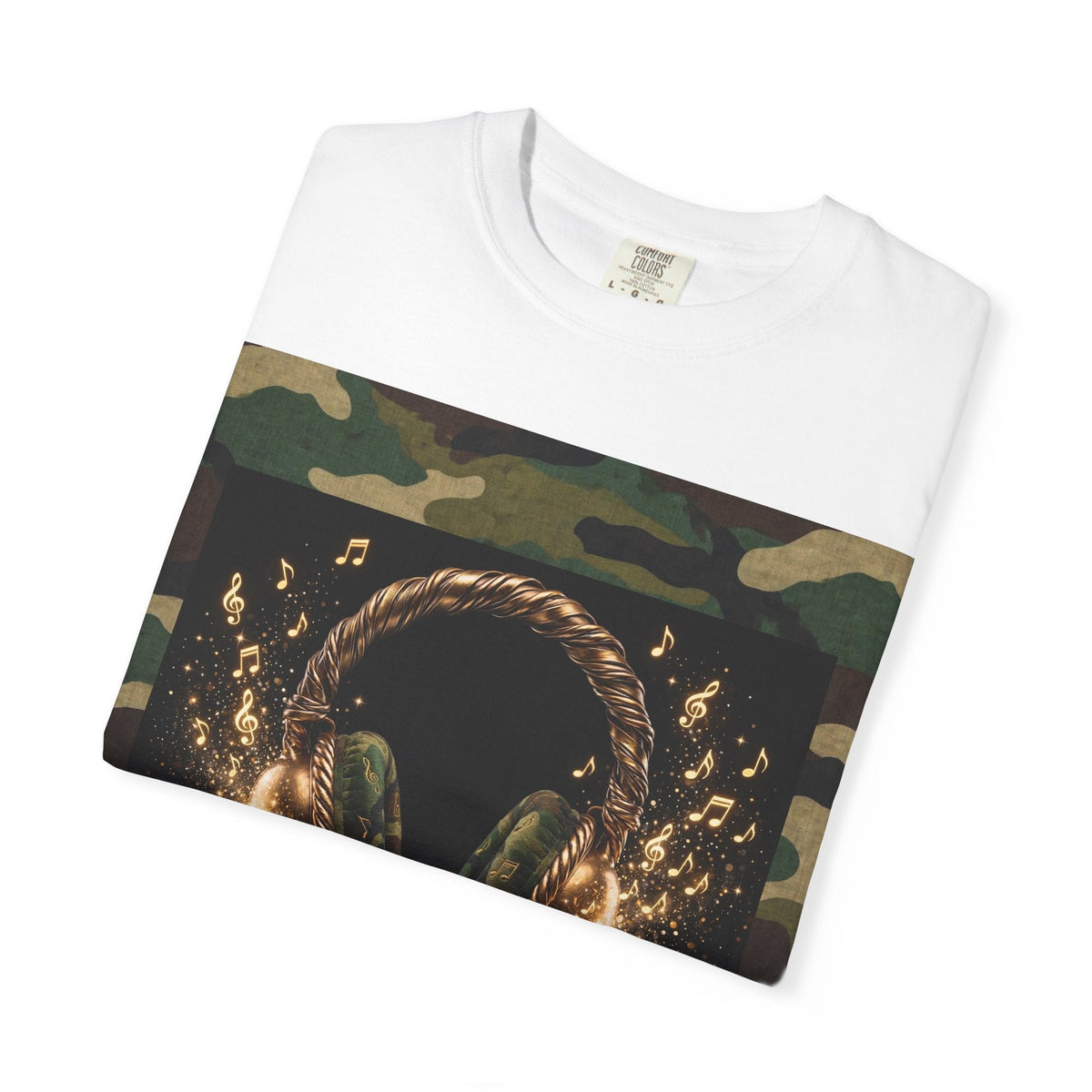 Camo Headphones Tee — Gold Spark DJ Music Graphic T-Shirt