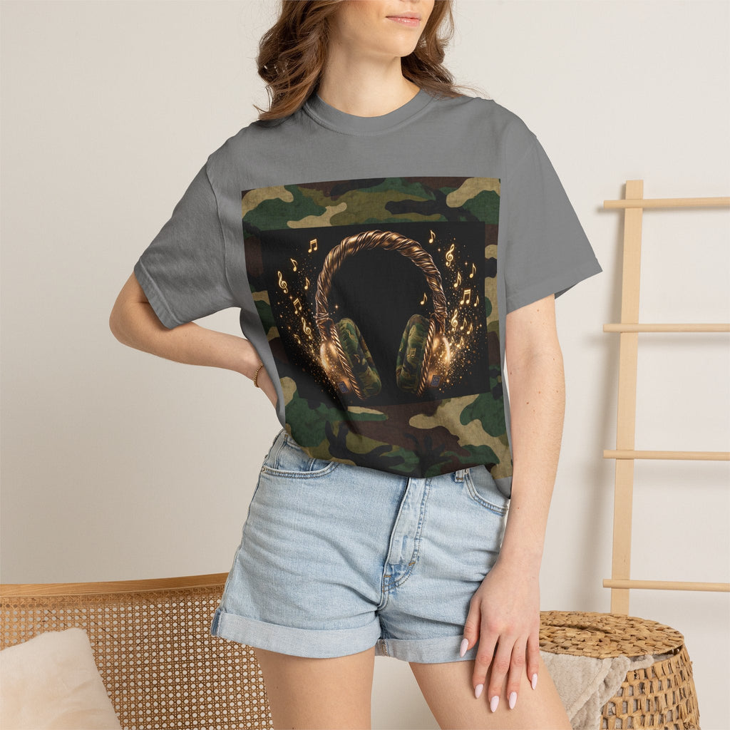 Camo Headphones Tee — Gold Spark DJ Music Graphic T-Shirt