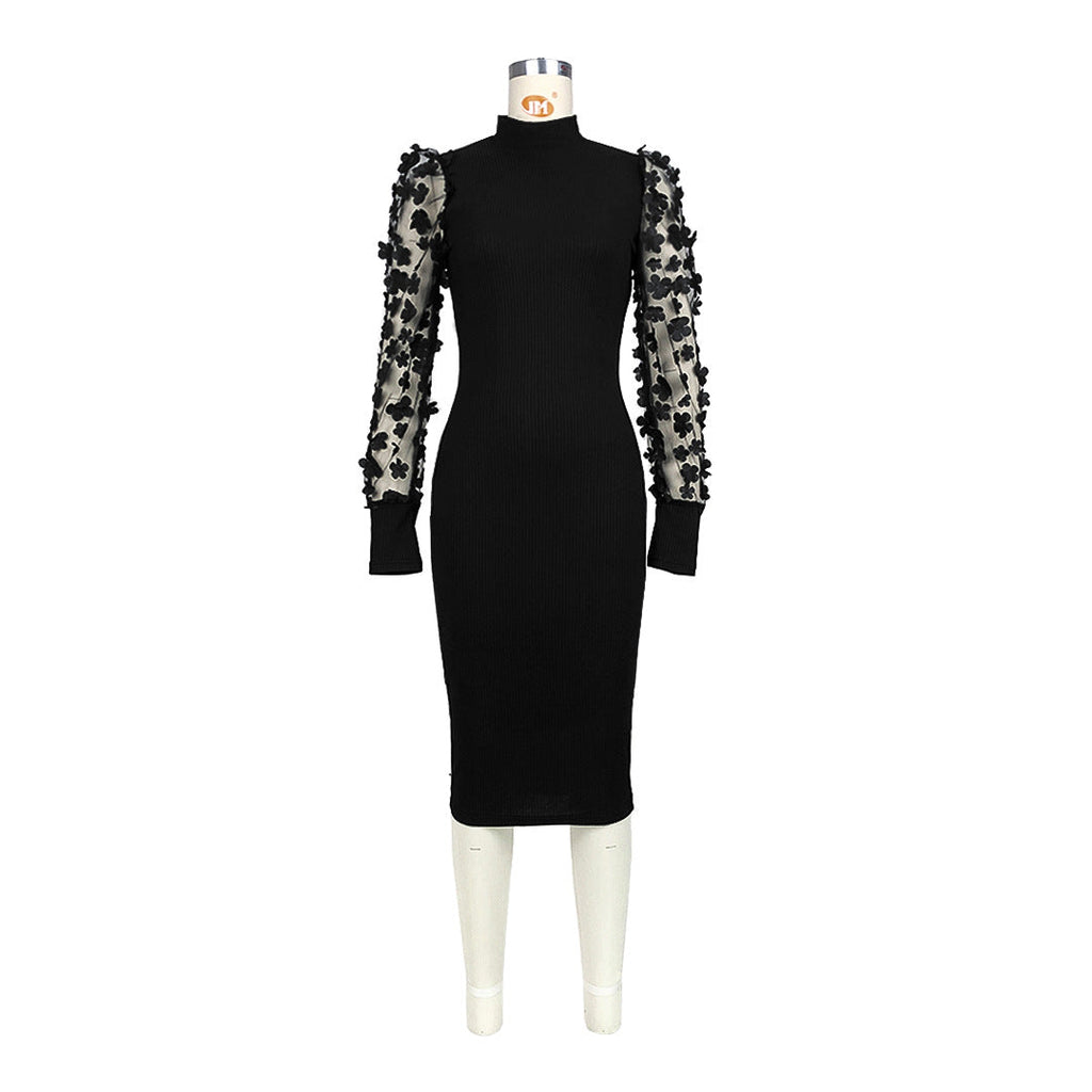 Women Clothing Three Dimensional Petals Mesh Sleeves Rib Fabric One Piece Collar Dress