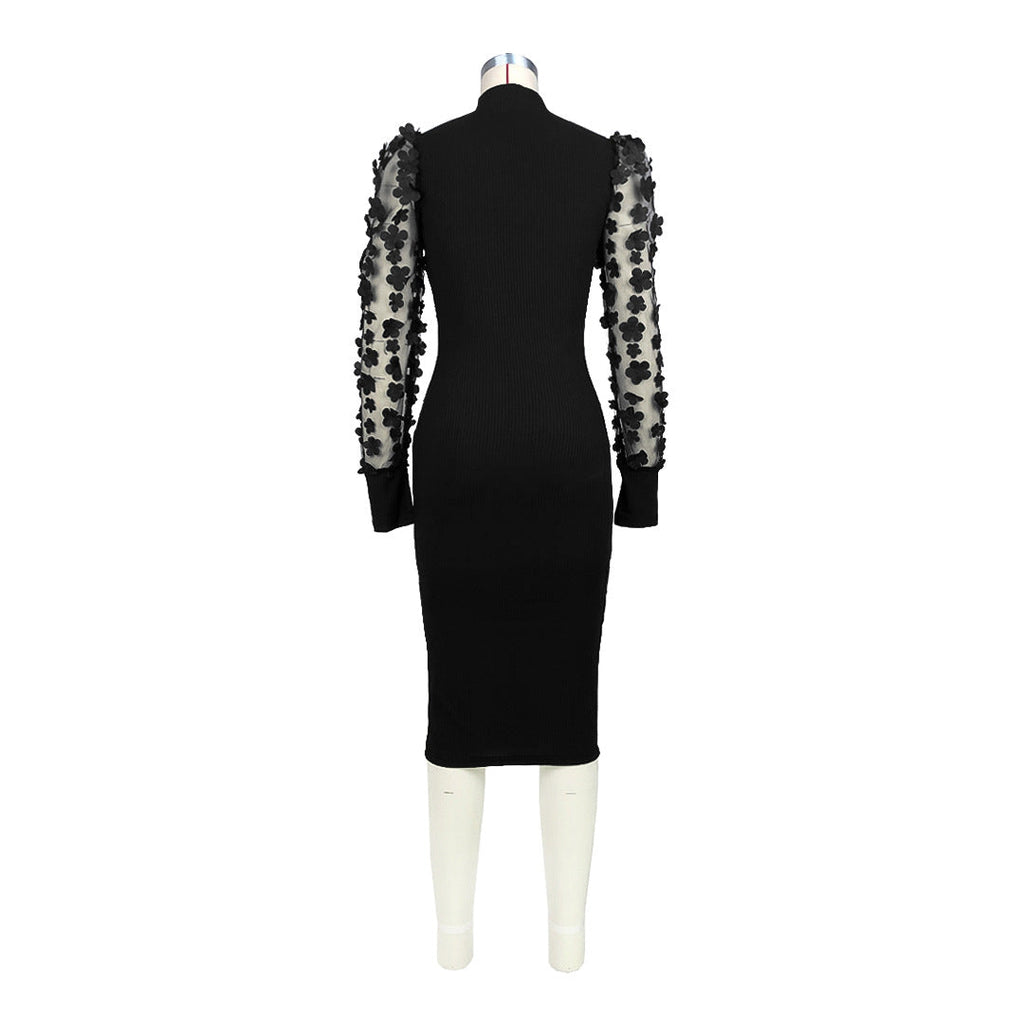 Women Clothing Three Dimensional Petals Mesh Sleeves Rib Fabric One Piece Collar Dress