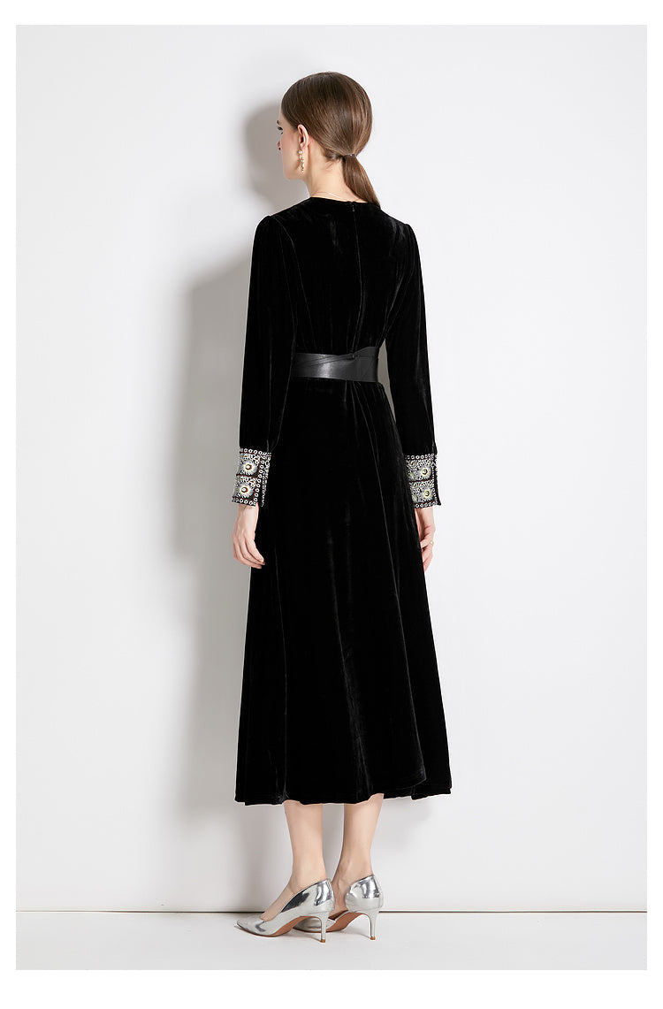Women Fall Winter Long Sleeve V Neck A Line Midi Dress