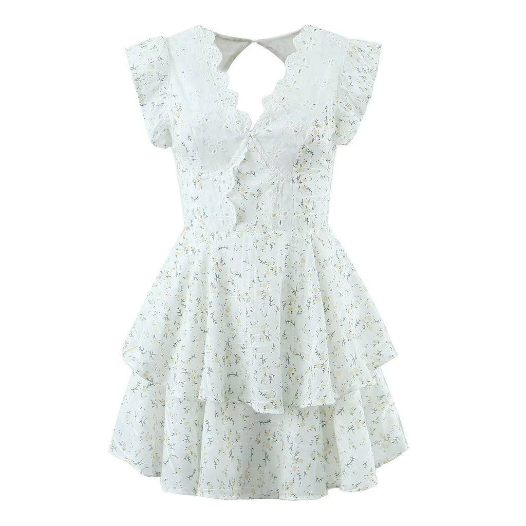 Retro French Ruffles Flounced Sleeve Lace Embroidered Vest Dress Deep V Plunge neck Drawstring Slim Fit Tiered Dress