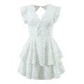 Retro French Ruffles Flounced Sleeve Lace Embroidered Vest Dress Deep V Plunge neck Drawstring Slim Fit Tiered Dress