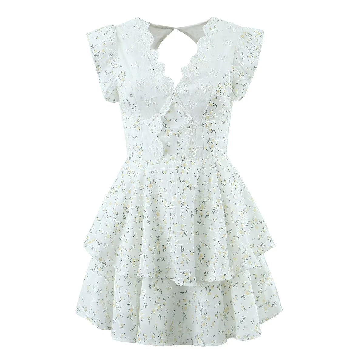 Retro French Ruffles Flounced Sleeve Lace Embroidered Vest Dress Deep V Plunge neck Drawstring Slim Fit Tiered Dress
