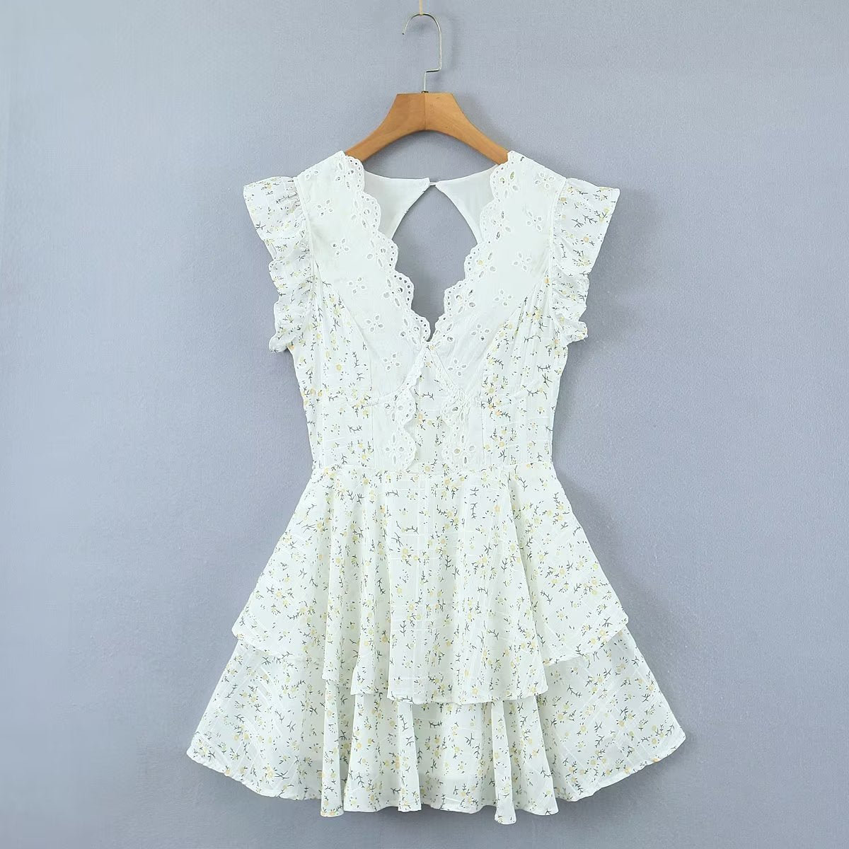 Retro French Ruffles Flounced Sleeve Lace Embroidered Vest Dress Deep V Plunge neck Drawstring Slim Fit Tiered Dress