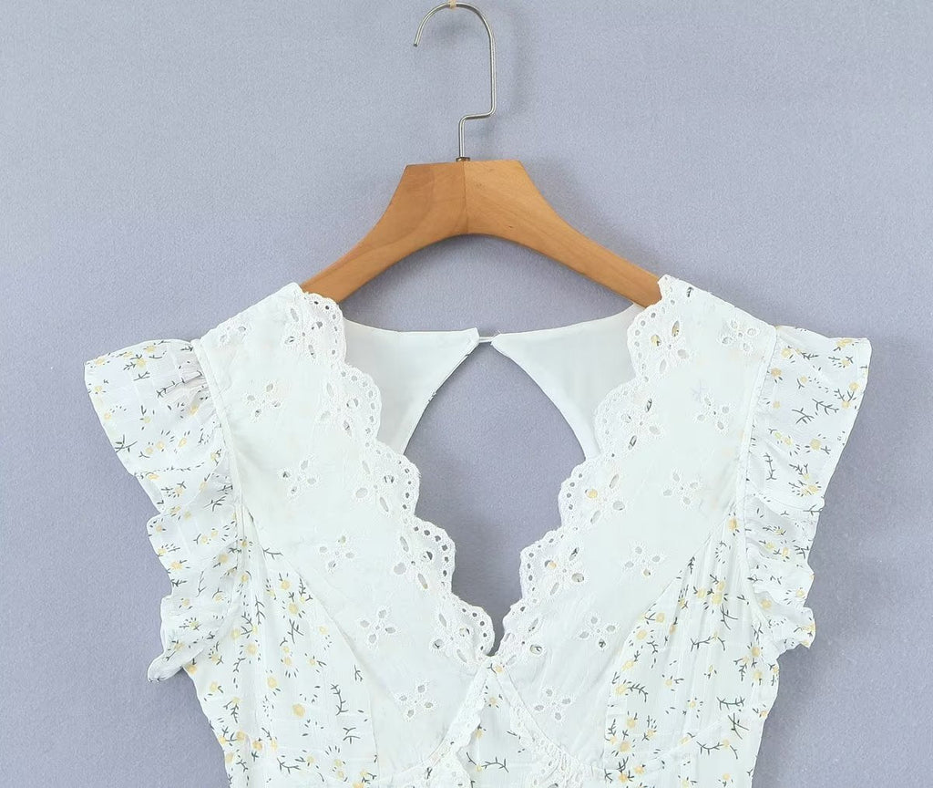 Retro French Ruffles Flounced Sleeve Lace Embroidered Vest Dress Deep V Plunge neck Drawstring Slim Fit Tiered Dress