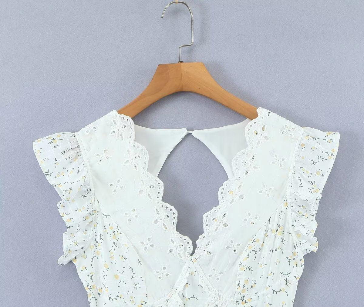 Retro French Ruffles Flounced Sleeve Lace Embroidered Vest Dress Deep V Plunge neck Drawstring Slim Fit Tiered Dress