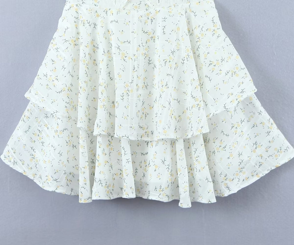 Retro French Ruffles Flounced Sleeve Lace Embroidered Vest Dress Deep V Plunge neck Drawstring Slim Fit Tiered Dress