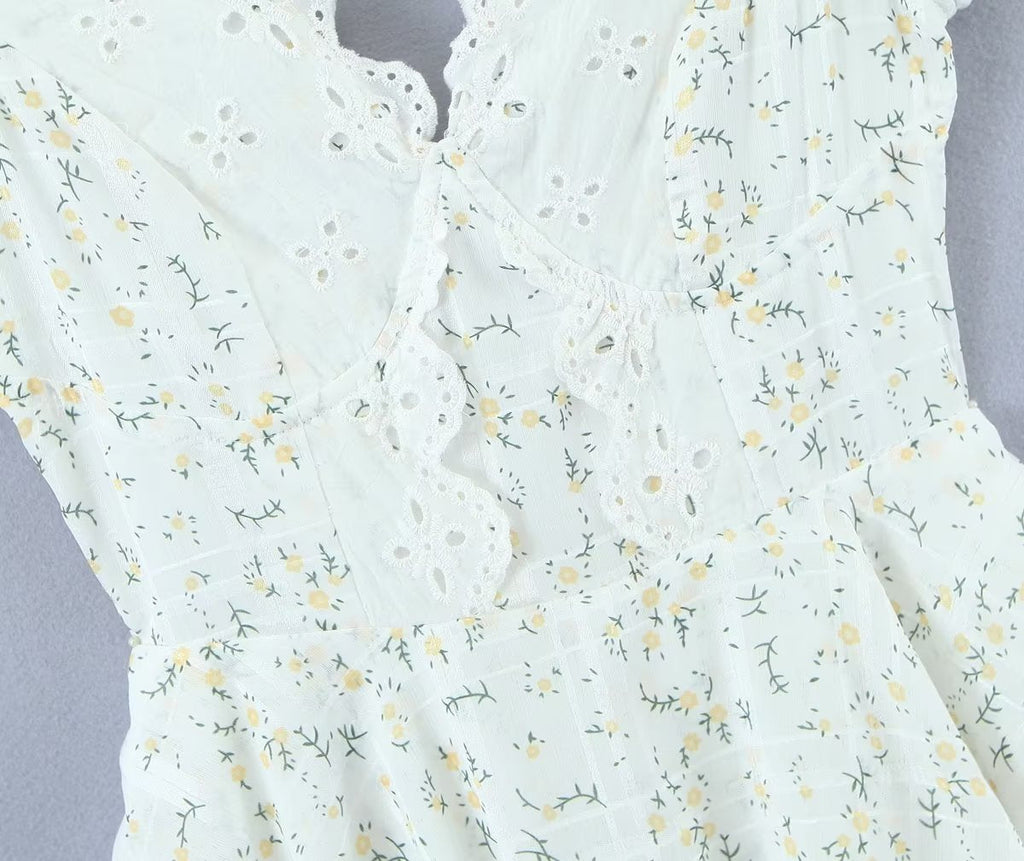 Retro French Ruffles Flounced Sleeve Lace Embroidered Vest Dress Deep V Plunge neck Drawstring Slim Fit Tiered Dress