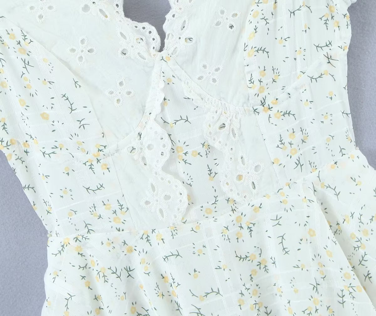 Retro French Ruffles Flounced Sleeve Lace Embroidered Vest Dress Deep V Plunge neck Drawstring Slim Fit Tiered Dress