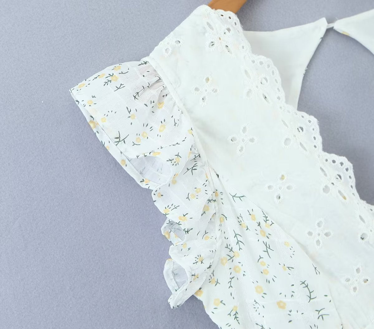 Retro French Ruffles Flounced Sleeve Lace Embroidered Vest Dress Deep V Plunge neck Drawstring Slim Fit Tiered Dress