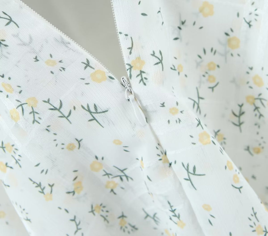 Retro French Ruffles Flounced Sleeve Lace Embroidered Vest Dress Deep V Plunge neck Drawstring Slim Fit Tiered Dress