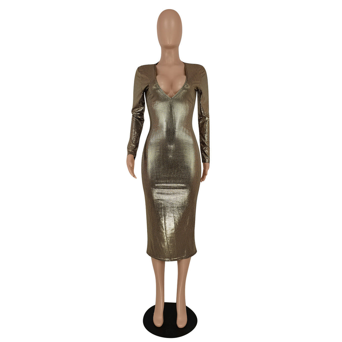Women Clothing Graceful Fashionable Deep V Plunge Bronzing Fabric Dress Women Clothing