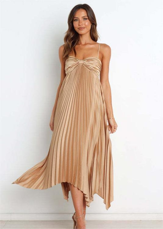 Sun Pleated Irregular Asymmetric Hem Chest Bag Sexy Strap Dress