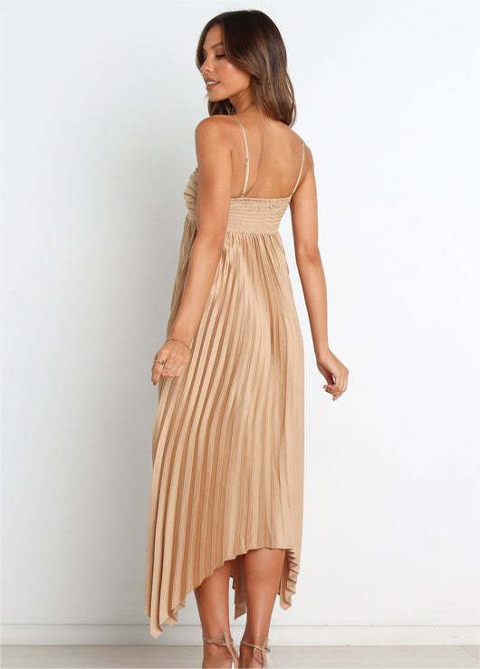 Sun Pleated Irregular Asymmetric Hem Chest Bag Sexy Strap Dress