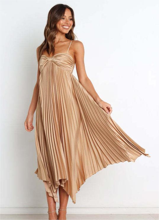 Sun Pleated Irregular Asymmetric Hem Chest Bag Sexy Strap Dress