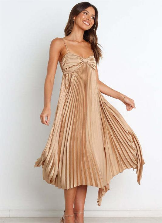 Sun Pleated Irregular Asymmetric Hem Chest Bag Sexy Strap Dress
