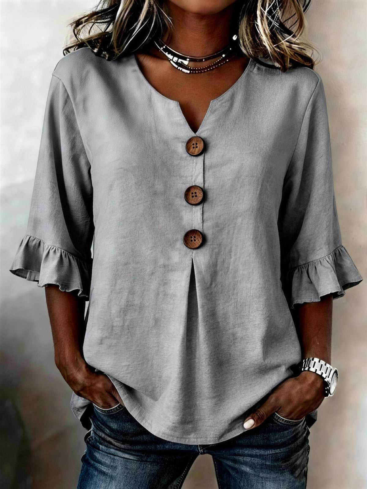 Women's V-Neck Button-Up Blouse — Summer Casual Top
