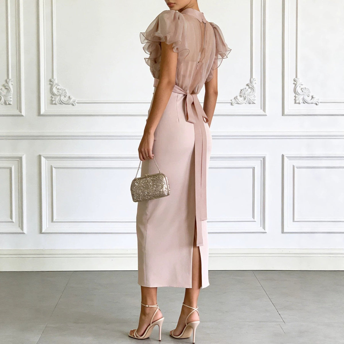 Pink Mesh Lace-Up Waist Two-Piece Dress Set – Elegant Long Skirt & Top