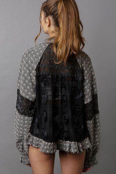 POL Eyelet Flower Pearl Detail Lace Patchwork Shirt For Women